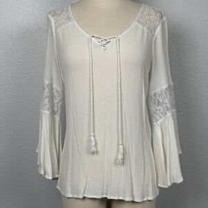New Directions White Boho Peasant Top Lace Bell Sleeve Small Rayon Tassels